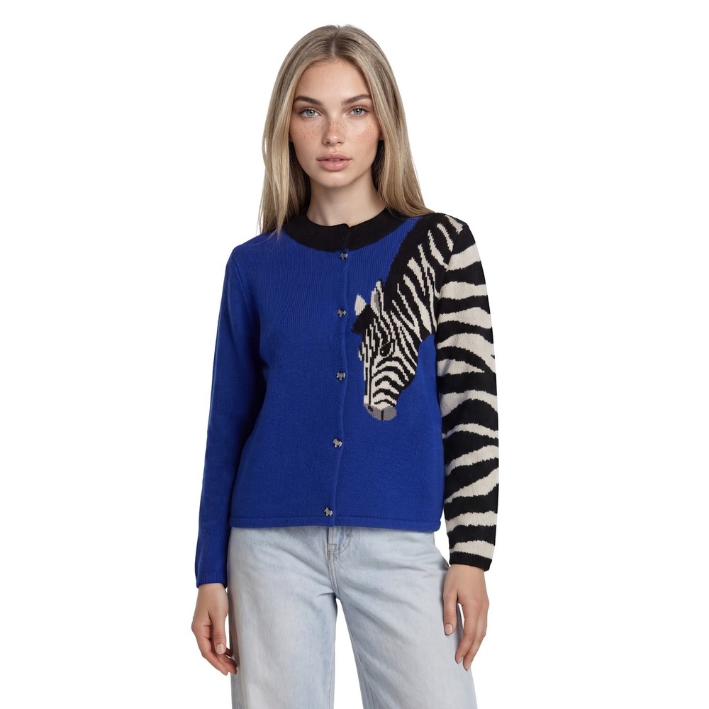 BellePointe Zebra Cardigan Sweater Women's Size XL Blue Vintage Ramie Cotton